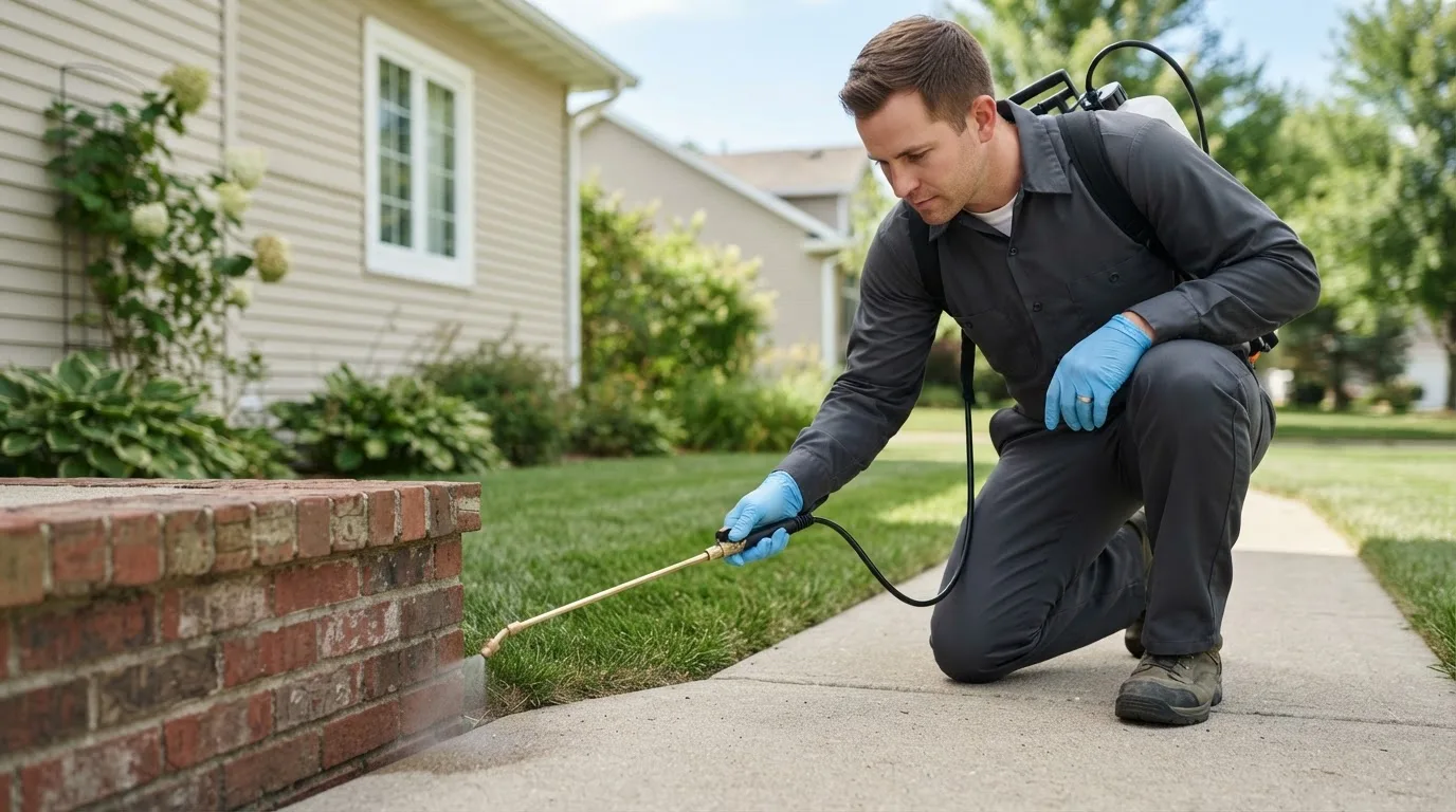 Pest control technician treating a home near Emerson, IA