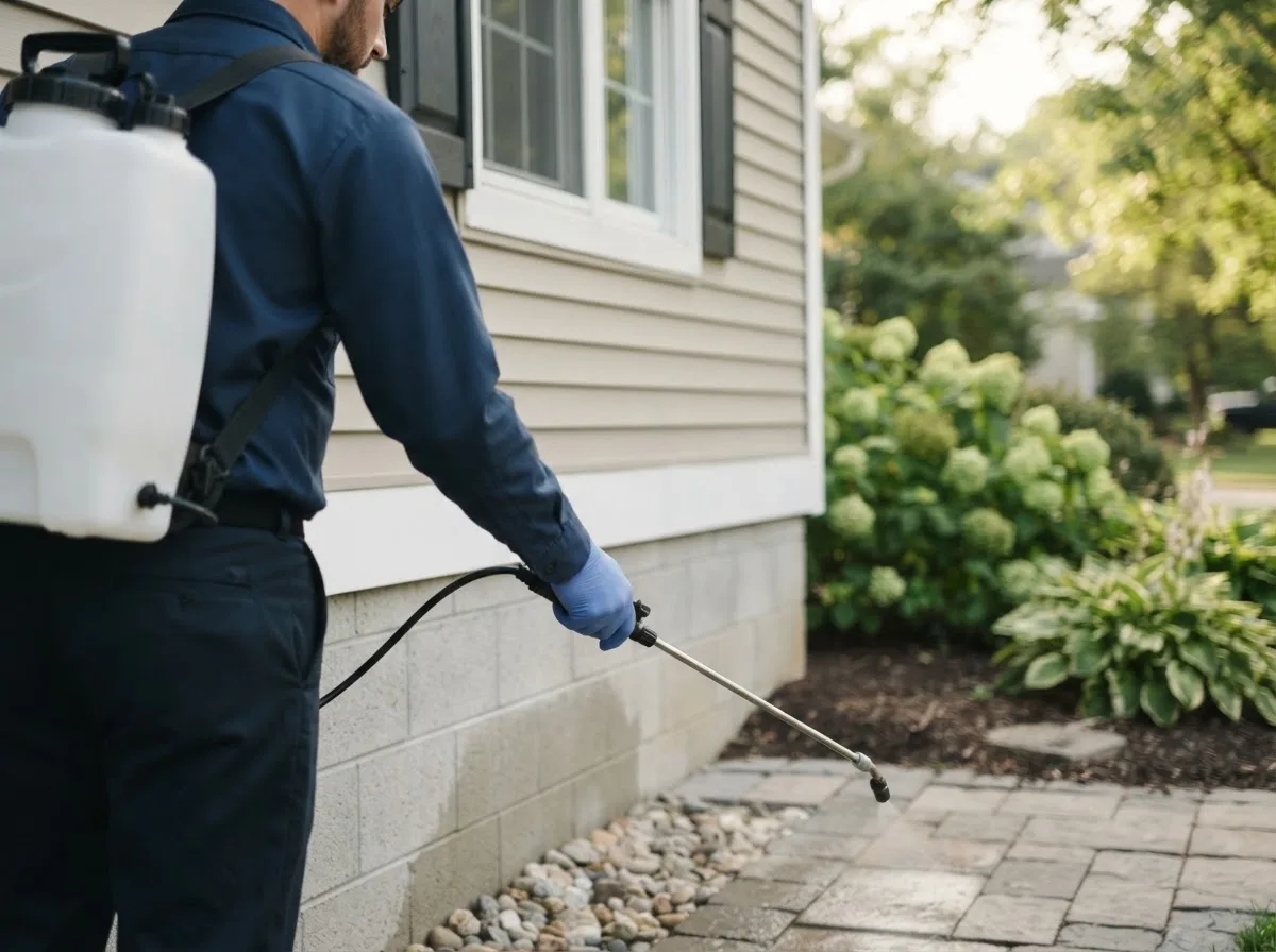 Pest control technician inspecting a home in Emerson, IA